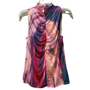 🆕Cable & Gauge Sleeveless Pink Blue Cream Artsy Chic Ruched Front Mesh Blouse